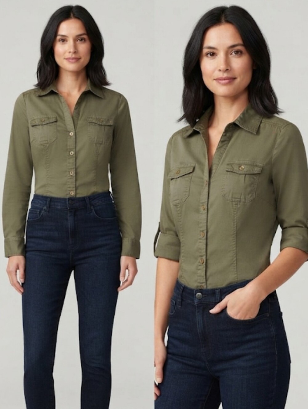 Apt 9 Olive Green Roll Tab 3/4 Sleeve Button Down Shirt Size Med